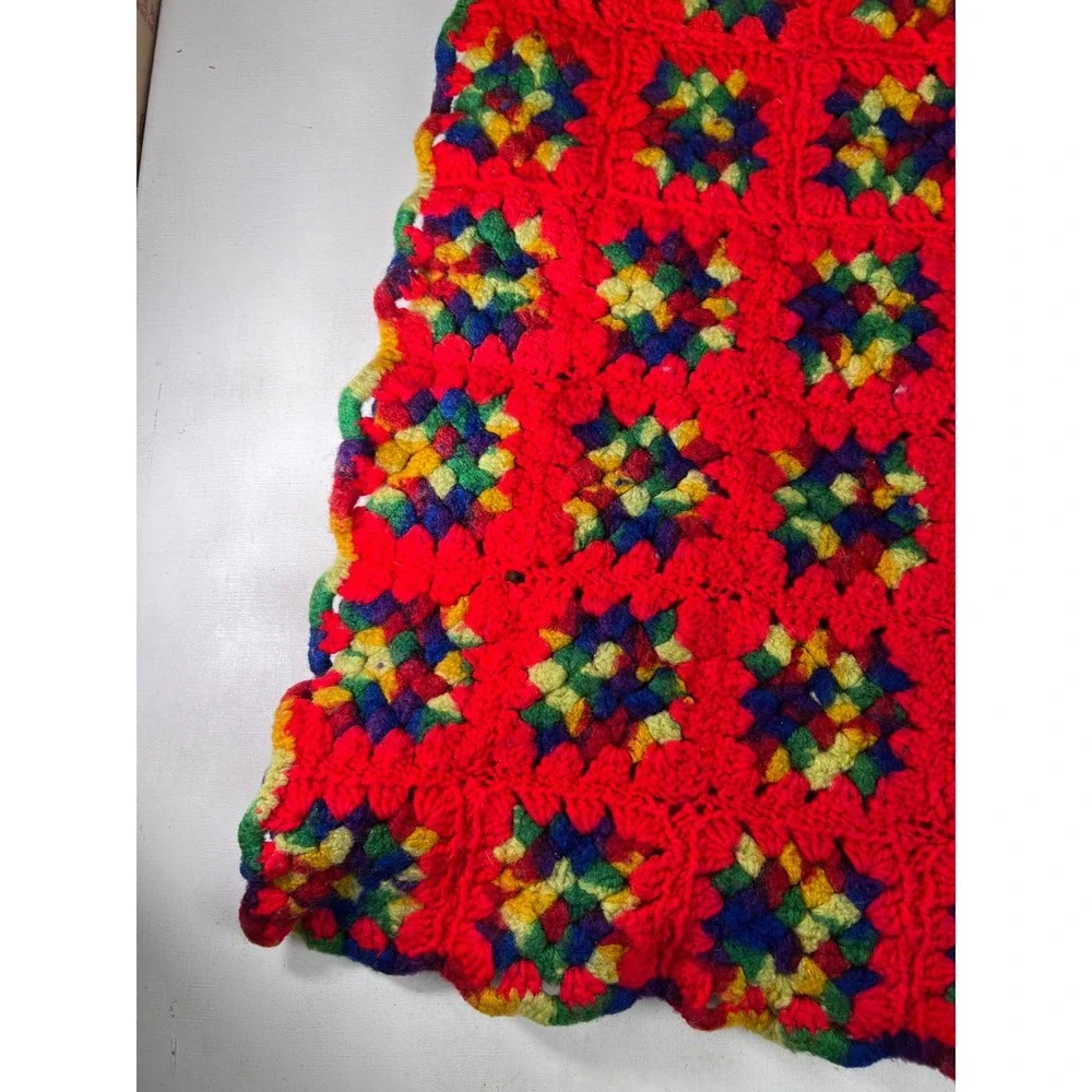 Red Crochet Granny Square Blanket Afghan Colorful Handmade Throw 66x52
